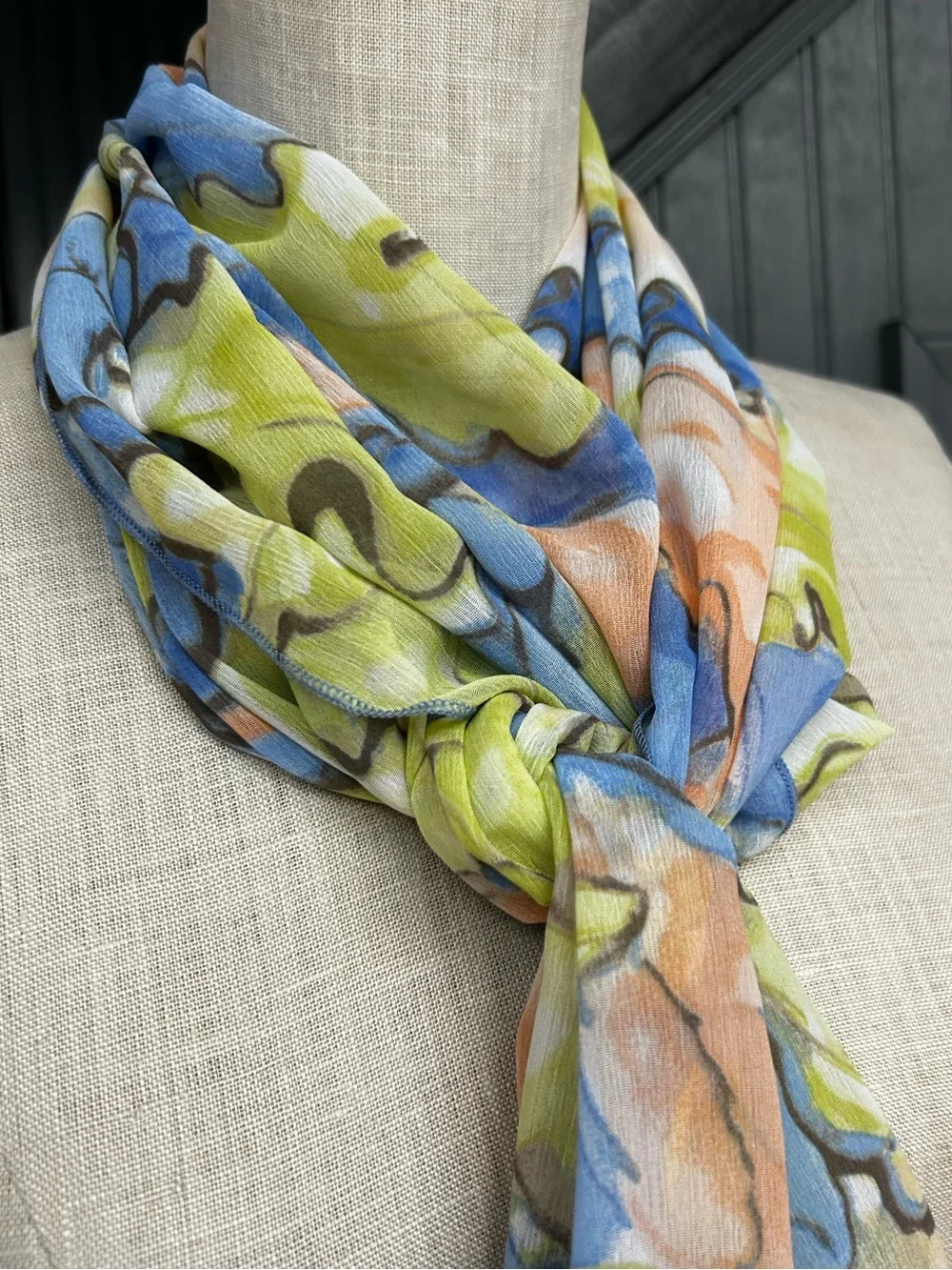 Chico's Blue, Peach & Lime Watercolor Scarf